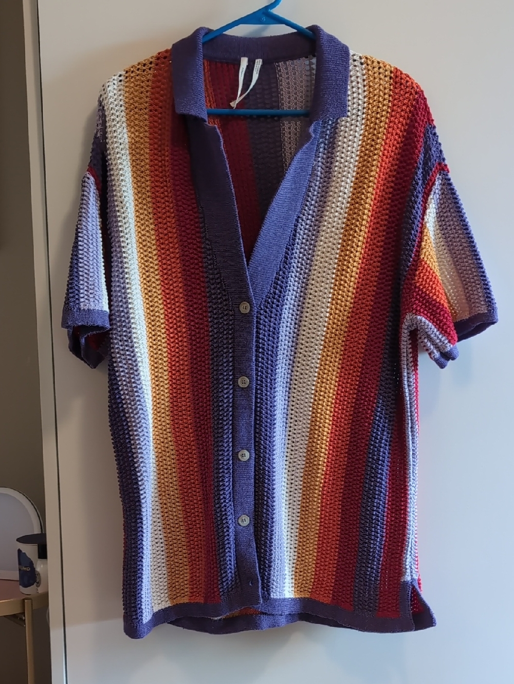 Anthropologie Striped Knit Button-Up Tunic in Purple, Red, Orange, Yellow, Cream